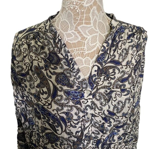 H&M Long Sleeve High-Low Hem V neck Shirt White Paisley patterned Size 14 - Picture 3 of 9